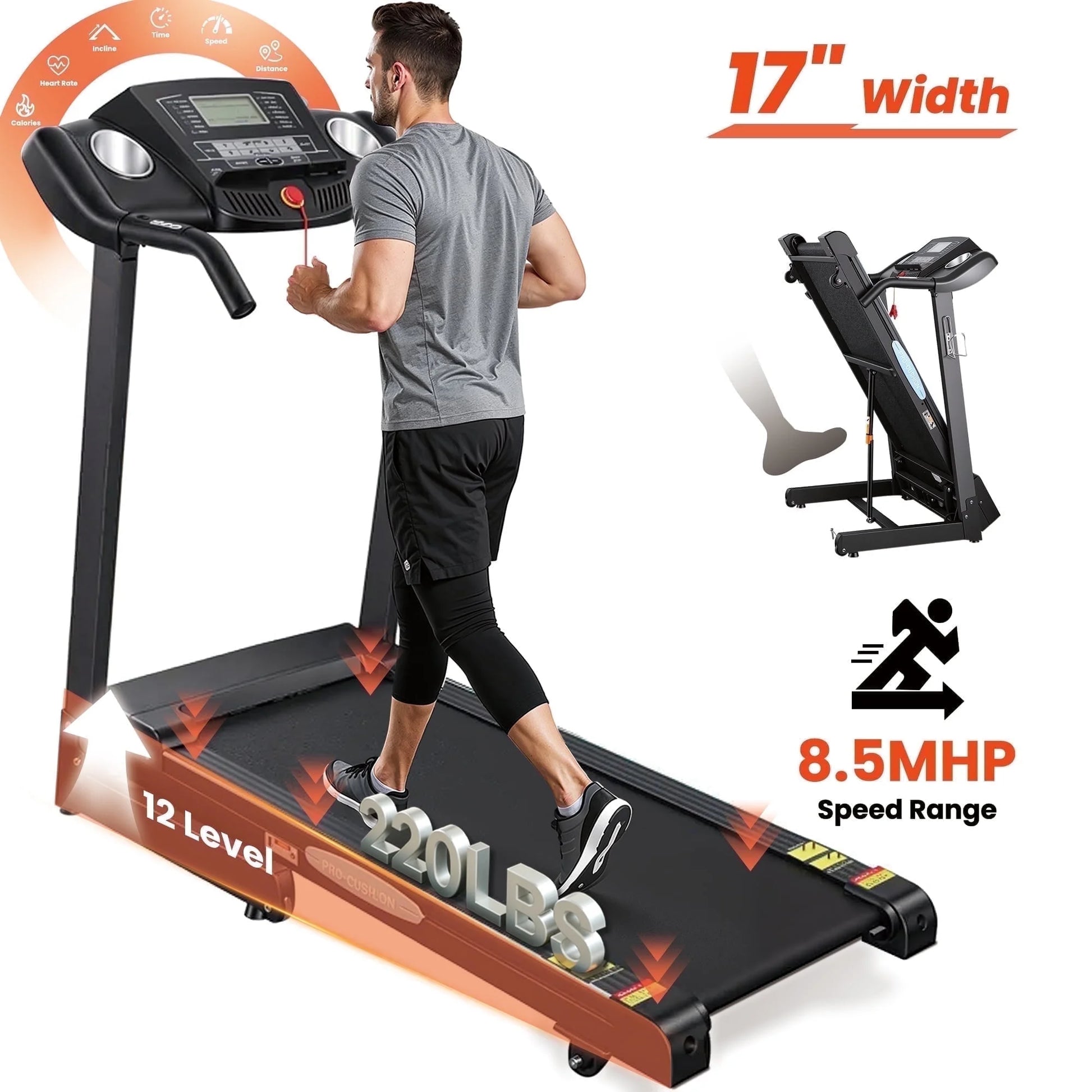 Naipo 12Level Treadmill Auto Incline 2.5HP Folding Treadmill for Home with LCD Monitor 220Lbs 8.5 Mph Speed Range