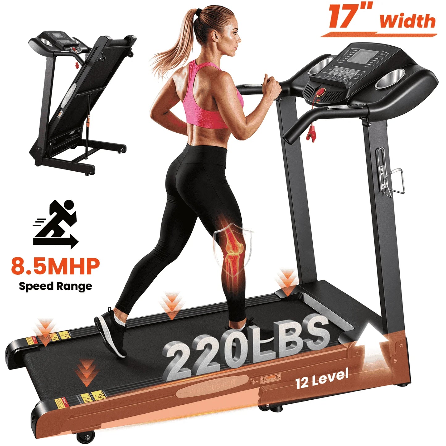 Naipo 12Level Treadmill Auto Incline 2.5HP Folding Treadmill for Home with LCD Monitor 220Lbs 8.5 Mph Speed Range