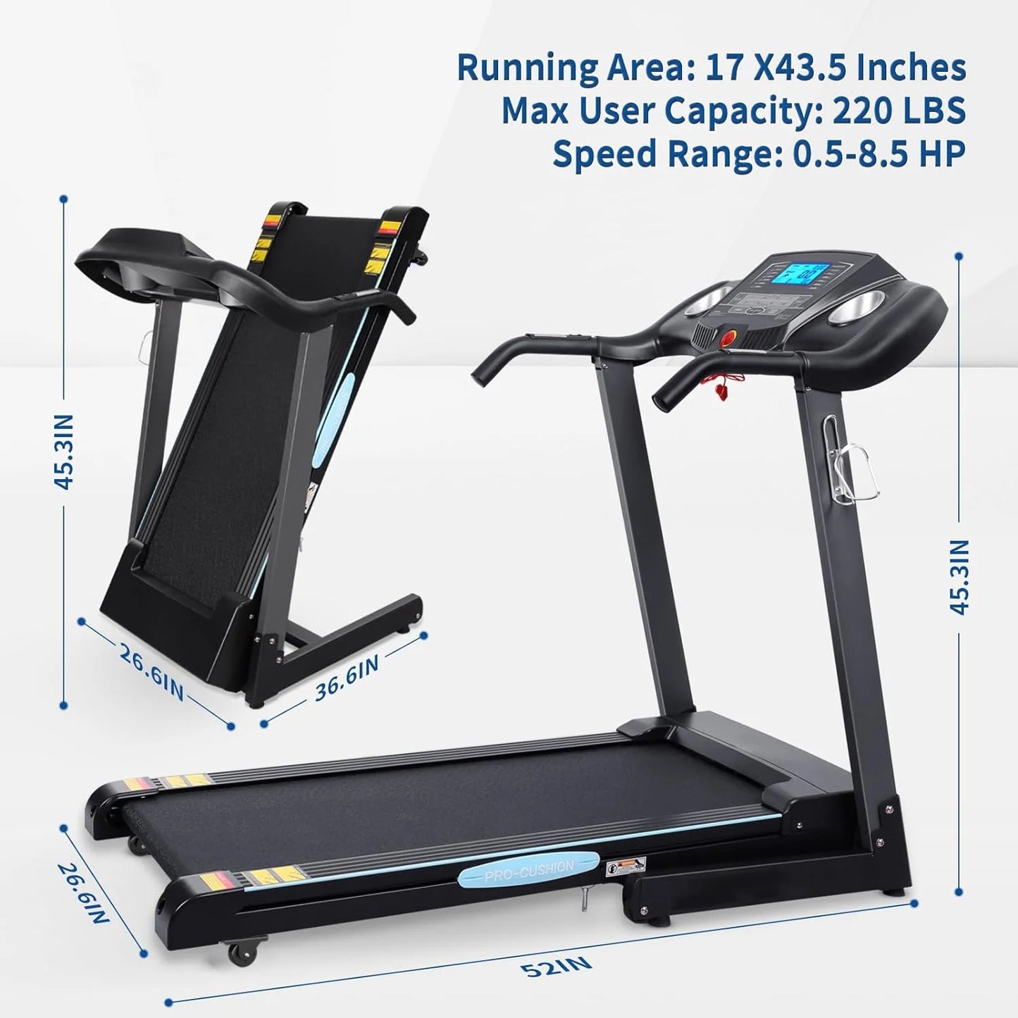Naipo 12Level Treadmill Auto Incline 2.5HP Folding Treadmill for Home with LCD Monitor 220Lbs 8.5 Mph Speed Range